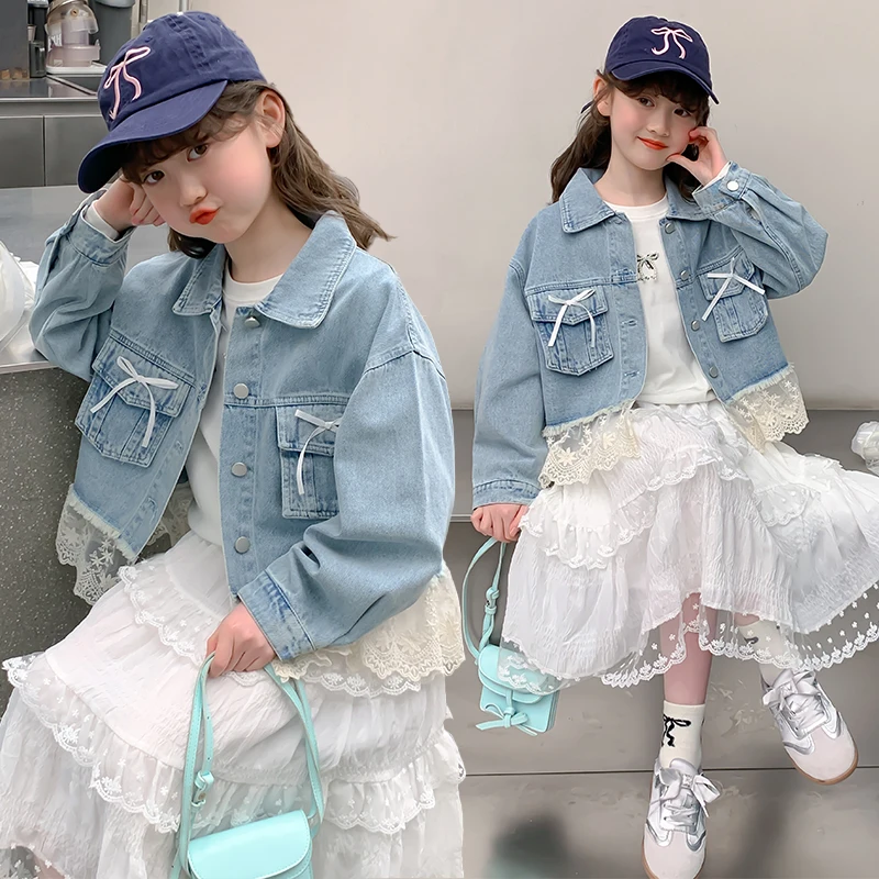 

Girls Spring Summer Jeans Jackets Kids Lace Dress Outerwear Long Sleeve Button Denim Chiffo For Girls Clothes TR407
