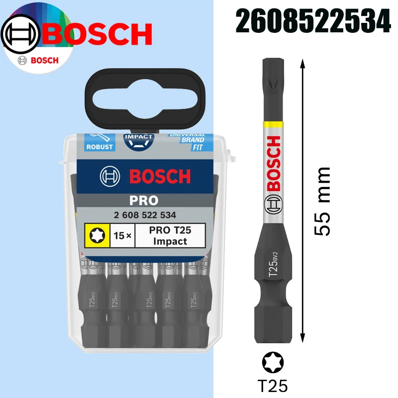 BOSCH 2608522534 PRO Impact Torx T25 Screwdriver Bits 55mm 15Pcs Heavy Duty Impact Driver Bits Part 2608522534
