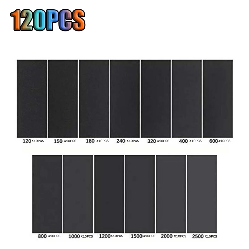 Papel de lija de grano ABSJ-120 a 2500 para muebles de madera, lijado y pulido de metales, lijado en seco o húmedo, 9 x 3,6 pulgadas, 120 unidades