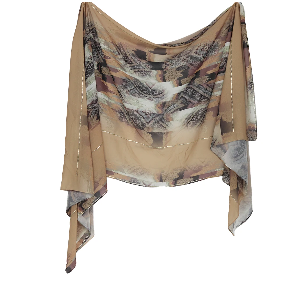 Foulard arabe en mousseline de soie pour femmes, imprimé strass doux, Beige marron gris artistique Hijab2519