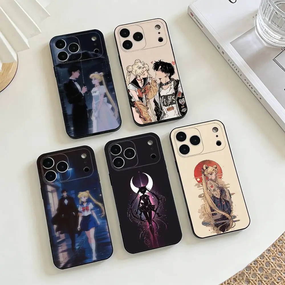 

S-Sailor M-Moon Phone Case For iPhone 17,16,15,14,13,12,11 X XR Plus,Soft Silicone Black Cover