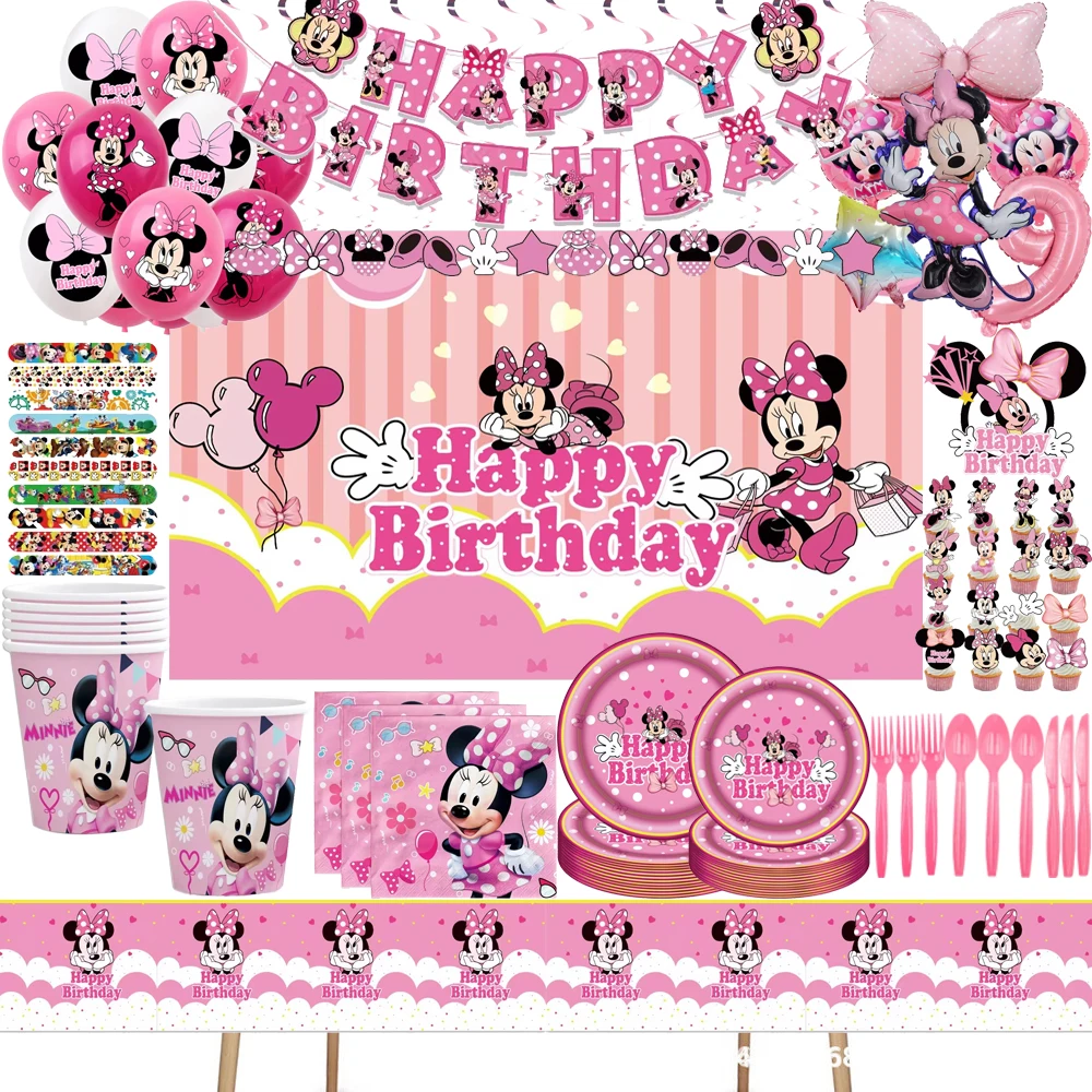 Minnie Mouse Kild suministros para fiesta de Baby Shower vajilla desechable plato de papel taza servilleta globos para niños decoraciones de cumpleaños