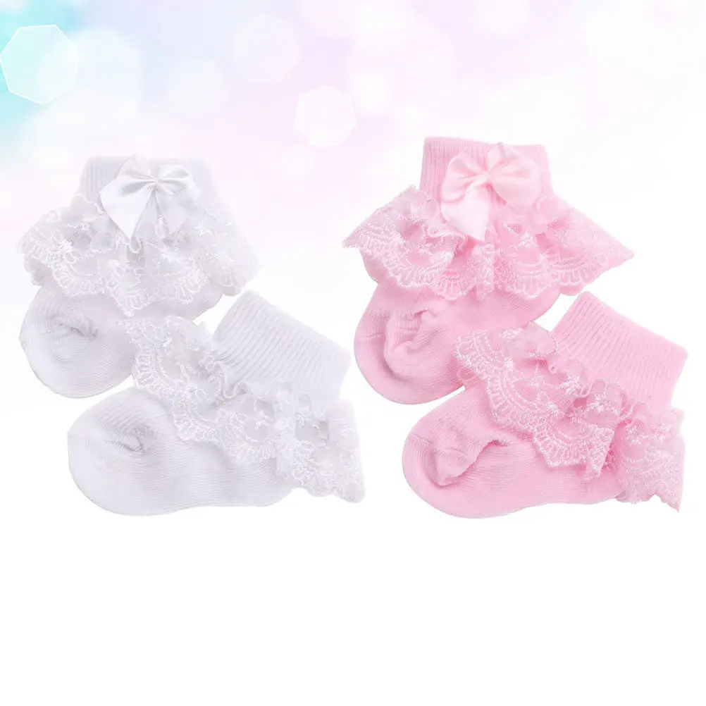 2Pairs Baby Socks Lace Bow-Knot Stockings Breathable Sweat Absorption 0-1 Years White Pink Size S Kids Socks Soft