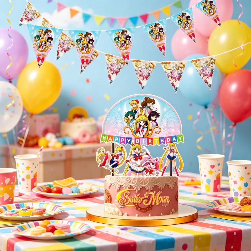 Sailor Moon Themenparty-Dekorationen: Einweggeschirr, Tassen, Teller, Flaggen, Strohhalme, Banner, Kuchen, Geburtstag, Feiertagsparty-Zubehör – Detail 3