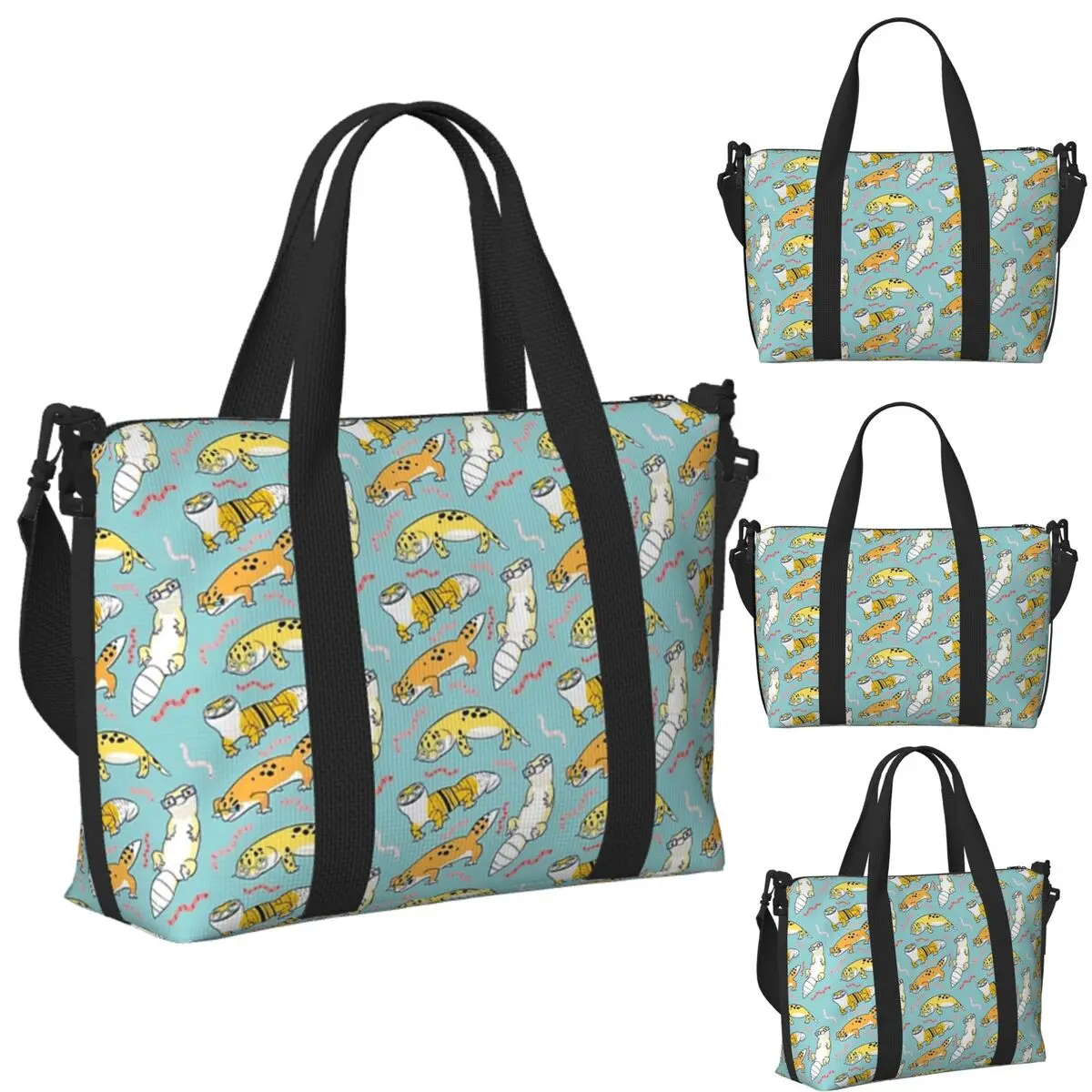 Bolso de viaje de playa con patrón de animales de dibujos animados de Gecko de leopardo amarillo personalizado, bolsos de mano para gimnasio, deporte, bolso de compras para mujer