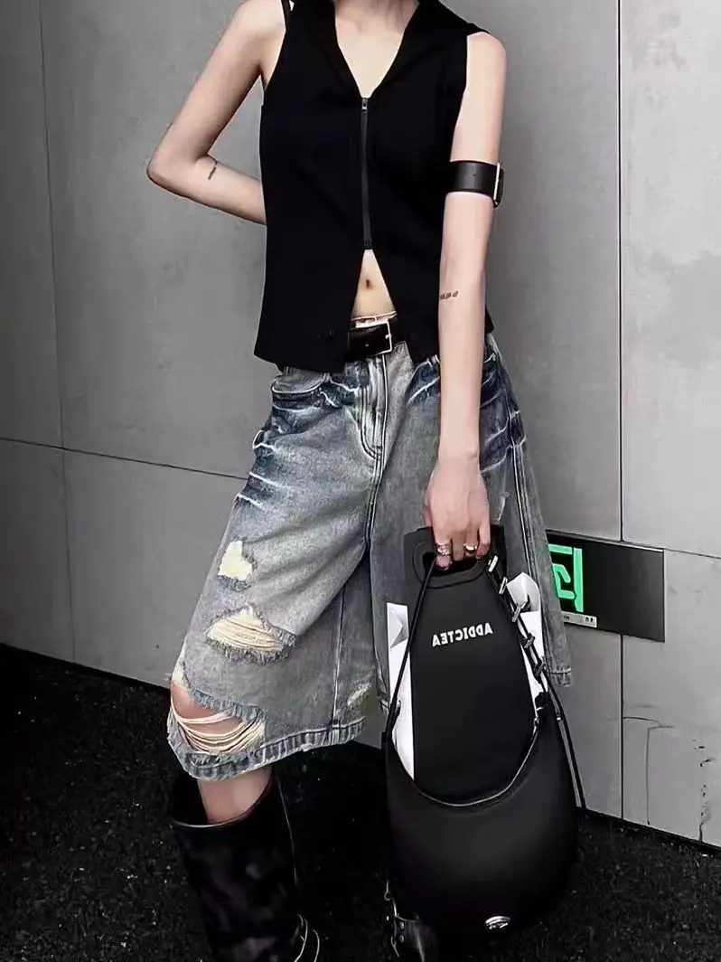 Hot Girl Retro Washing Ripped Denim Shorts for Women High Waist Loose Personality Wide-leg Five-point Medium Pants