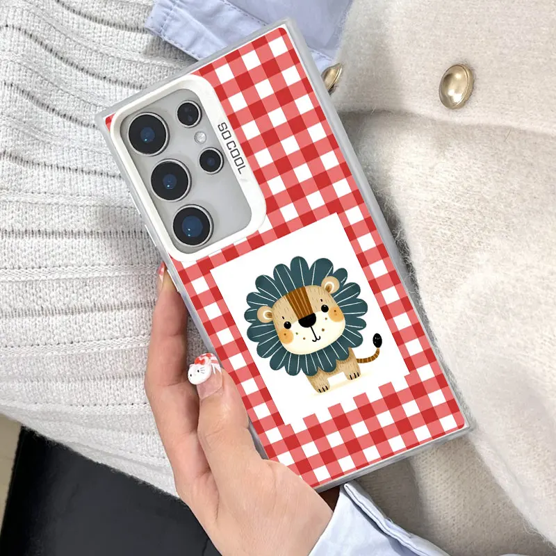 

For Samsung Galaxy S24 S23 Ultra Plus FE S25 S22 Ultra Plus S21 FE Laser Phone Case Checkered Grid Cute Animals Pattern Covers