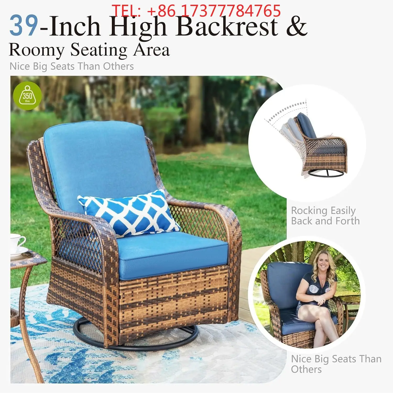 4 Piece 350 lb Capacity Rattan Patio Furniture Set Swivel Rocker Chairs Fire Pit with Thick Cushions ized for Backyar