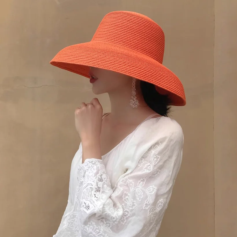 Orange Hat 2023 New Women\'s Sun Hat Folding Beach Hat Big brim Travel Sunscreen Hepburn Sun Hat шляпа женская летняя