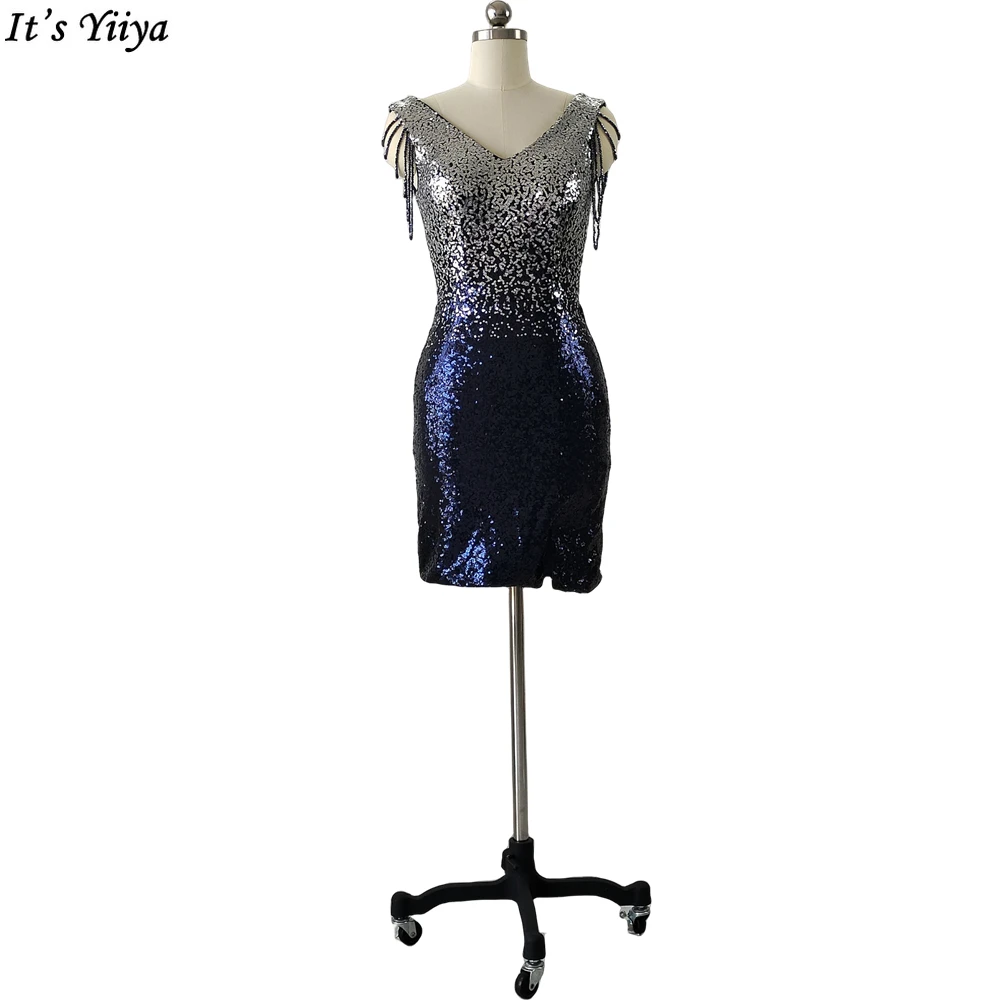 

It's Yiiya Prom Dresse Deep V-Neck Blue Sequined Sleeveless Above Knee Mermaid Tassel Plus size Women Formal Party Dress C161