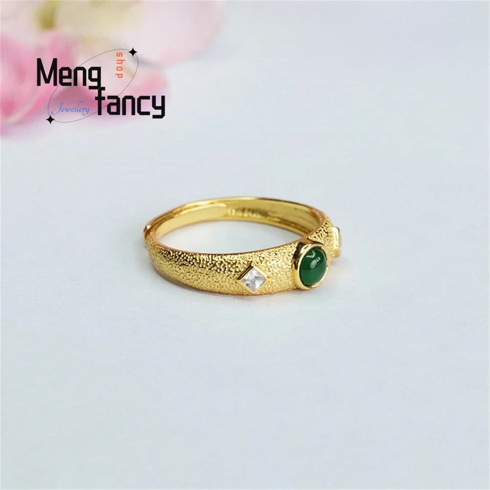 S925 Silver Lnlaid Natural Jadeite In Ice Type Imperial Green Vintage Ring Exquisite Elegant High-grade Luxury Quality Jewelry