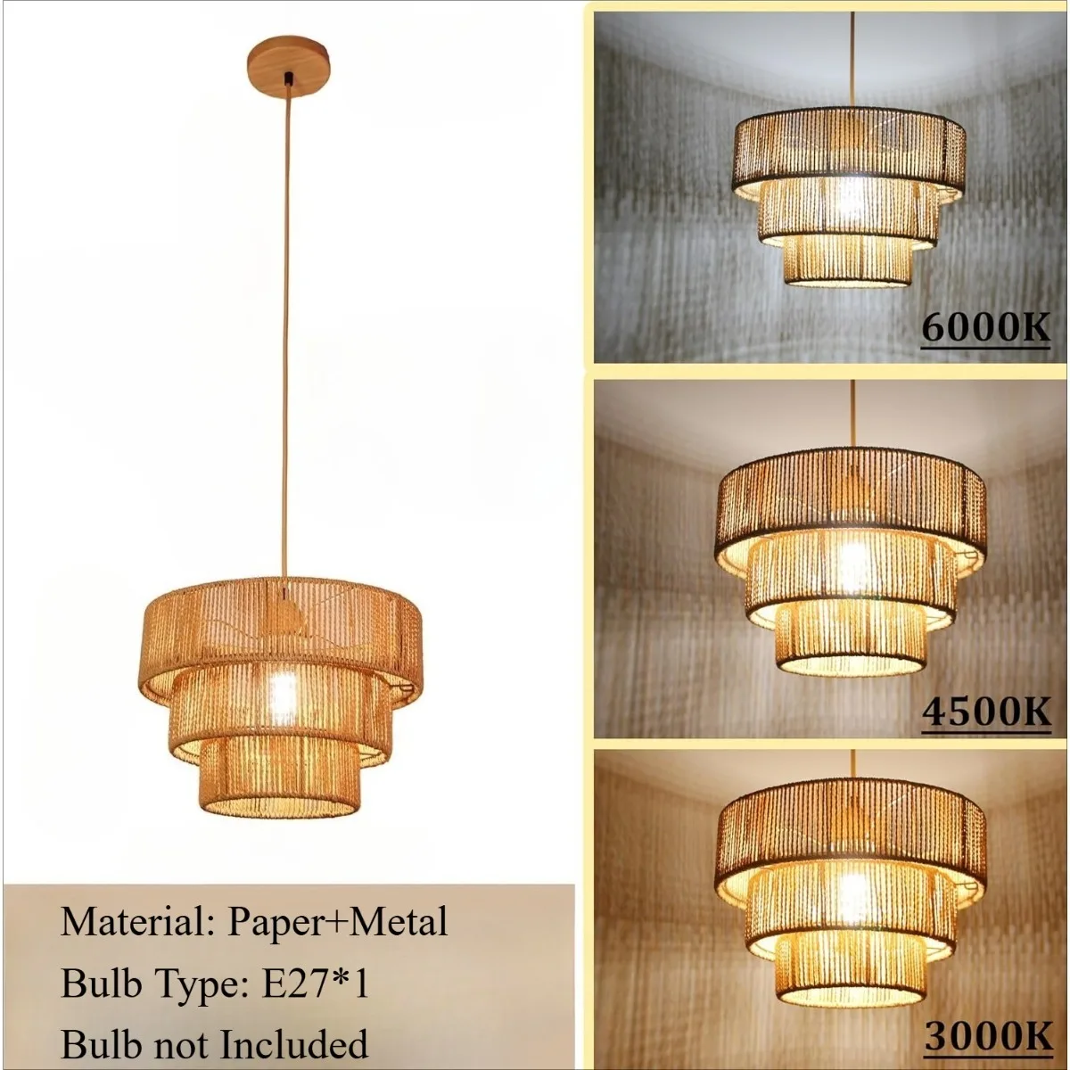 JOYINLED المنسوجة ورقة حبل قلادة ضوء ، 32 سنتيمتر بوهو الروطان الثريا مزرعة البيج عاكس الضوء لغرفة المعيشة غرفة الطعام مصباح #6