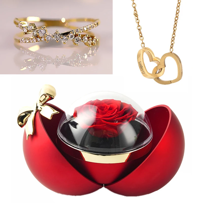 صندوق مجوهرات وردي مستدير جديد لعام 2025 مع اسم محفور وقلادة وخاتم لعيد الميلاد والذكرى السنوية مجموعة هدايا عيد الأم للحبيب