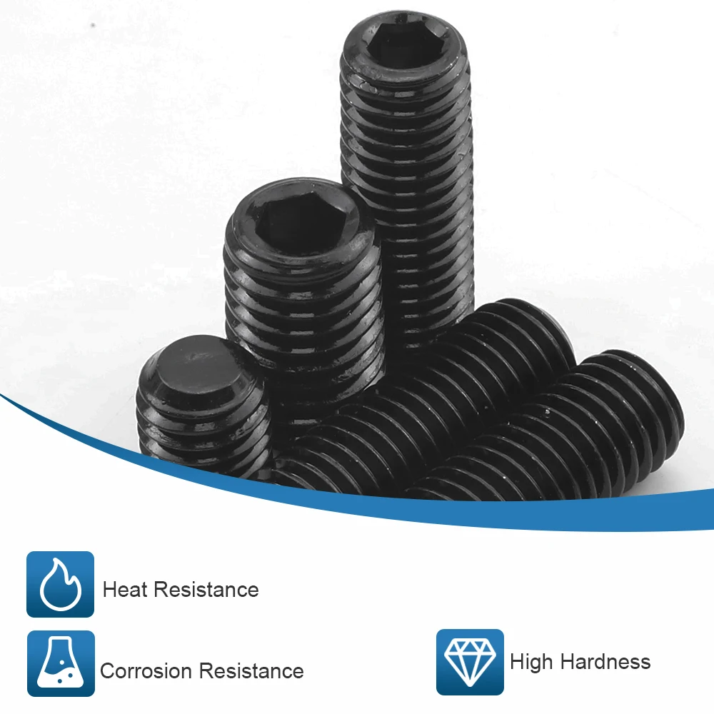 2-50pcs Hex Socket Flat Point Set Screw M2 M2.5 M3 M4 M5 M6 M8 M10 Black Carbon Steel Allen Head Socket Grub Screws Bolt