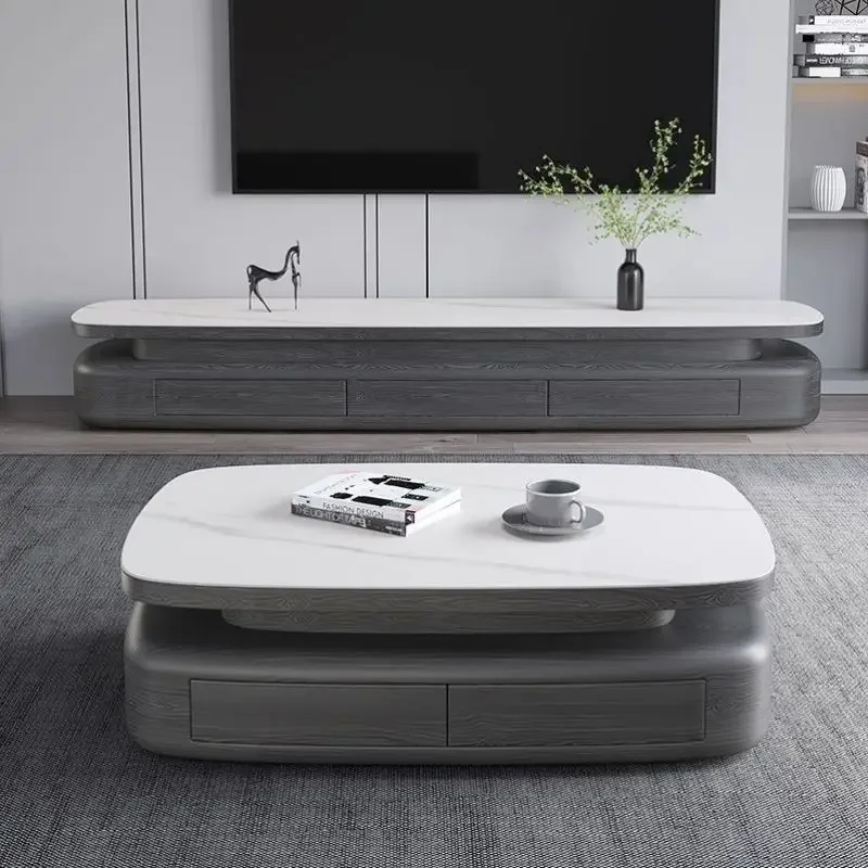 Italian Modern Simple Oval Rock Plate Coffee Table TV Stand Cabinet Combination for Large Small Apartments for Living Room