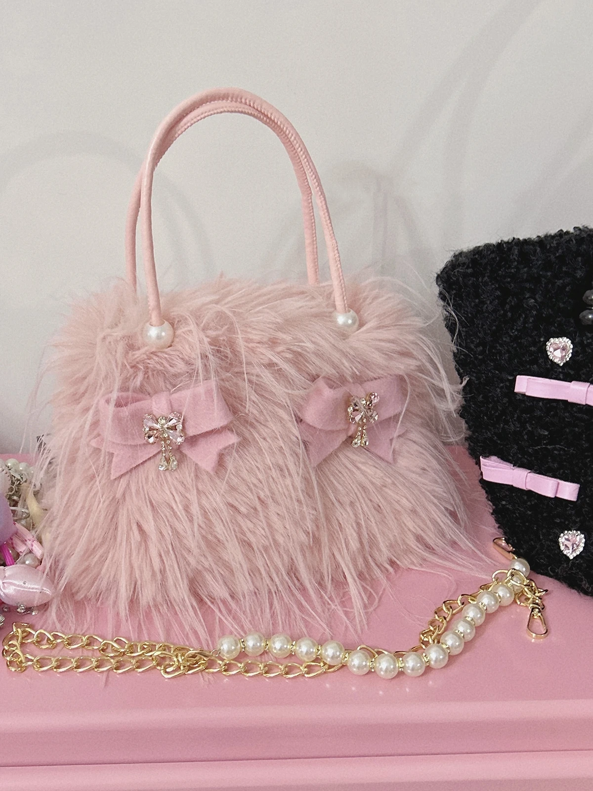 Girls Sweet Artificial Plush Pink Handbag Trendy Princess Bowknot Rhinestone Shoulder Bag Lady Playful Exquisite Daily Party Bag