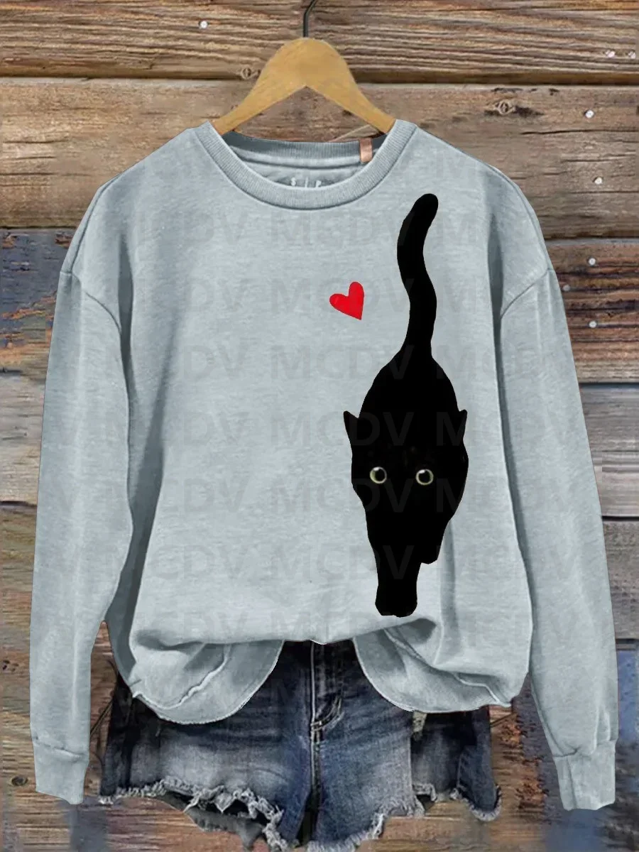 Black Cat Print Casual Long Sleeve Sweatshirt 3D Printed Women Pullover