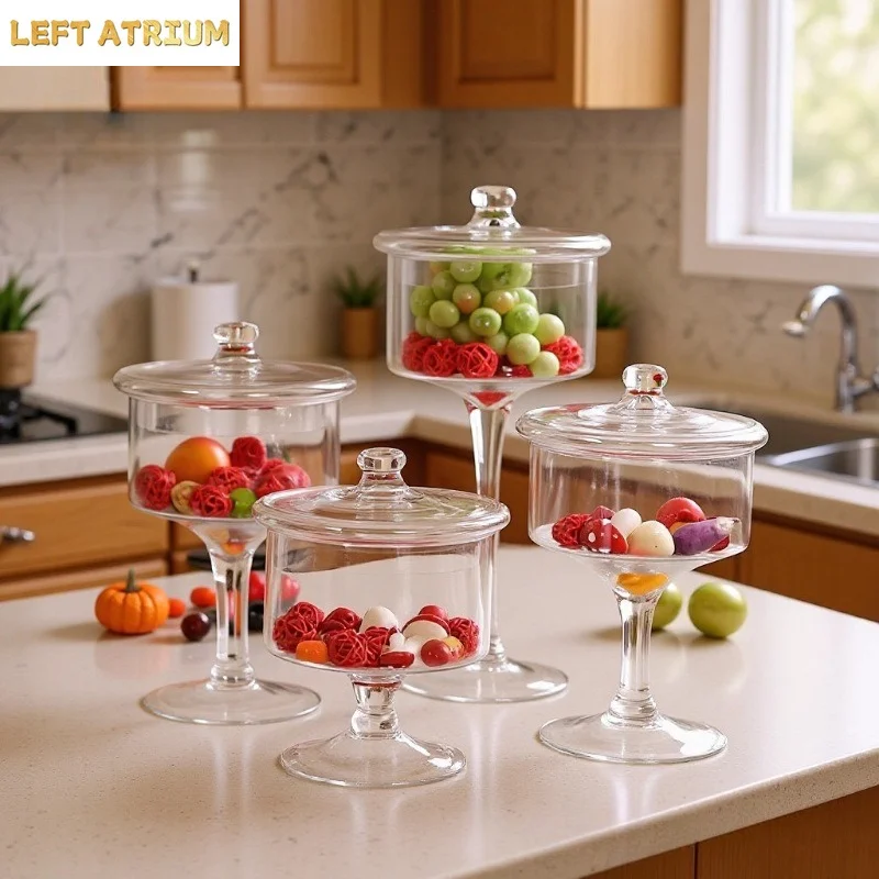Transparent Glass Candy Jar High-footed Cake Stand Display Stand Fruit Plate Dessert Tray Dust Cover Storage Bottle Organizer
