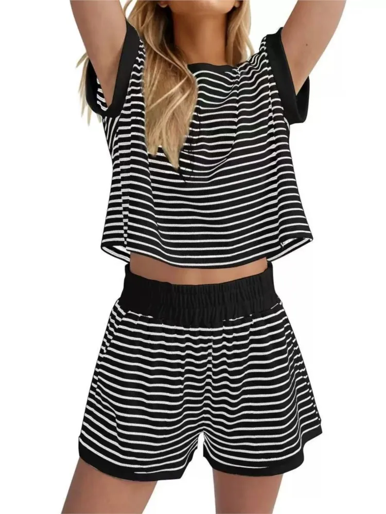 

O Neck Pullover Top Shorts Striped Matching Suit 2026 Summer New Tight Slim Office Ladies Casual Women's Two-piece Set Female