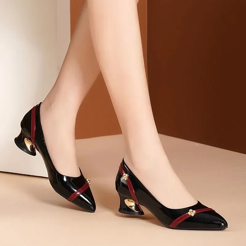 Women Casual Sweet Black Pu Leather Pointed Toe Spring Slip on Square Heel Shoes Lady Cool Pumps Sapatos Femininas E9390