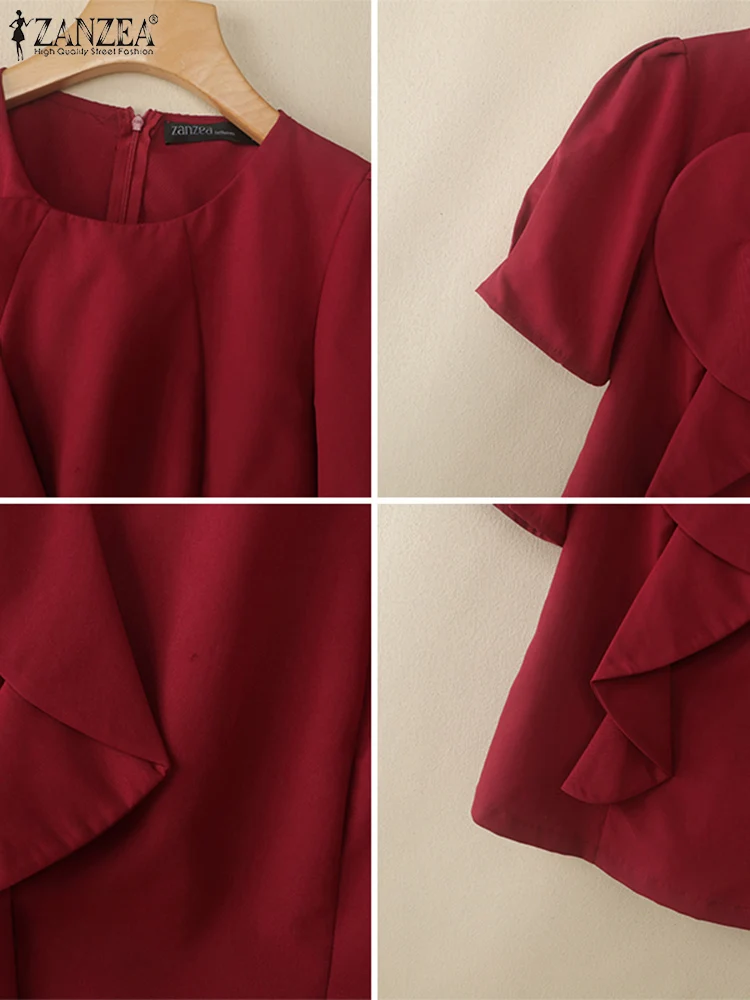 ZANZEA-Blusas elegantes con volantes para fiesta para Mujer, Blusas de verano 2025 con cuello redondo y manga corta abombada, ropa de oficina, Tops sólidos