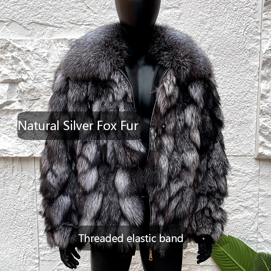 Real Silver Fox Fur Jacket With Lapel Men's Fur Zippered Bomber Jacket Cropped Fox Fur Jacket High Quality Natural Fur Jacket view 4
