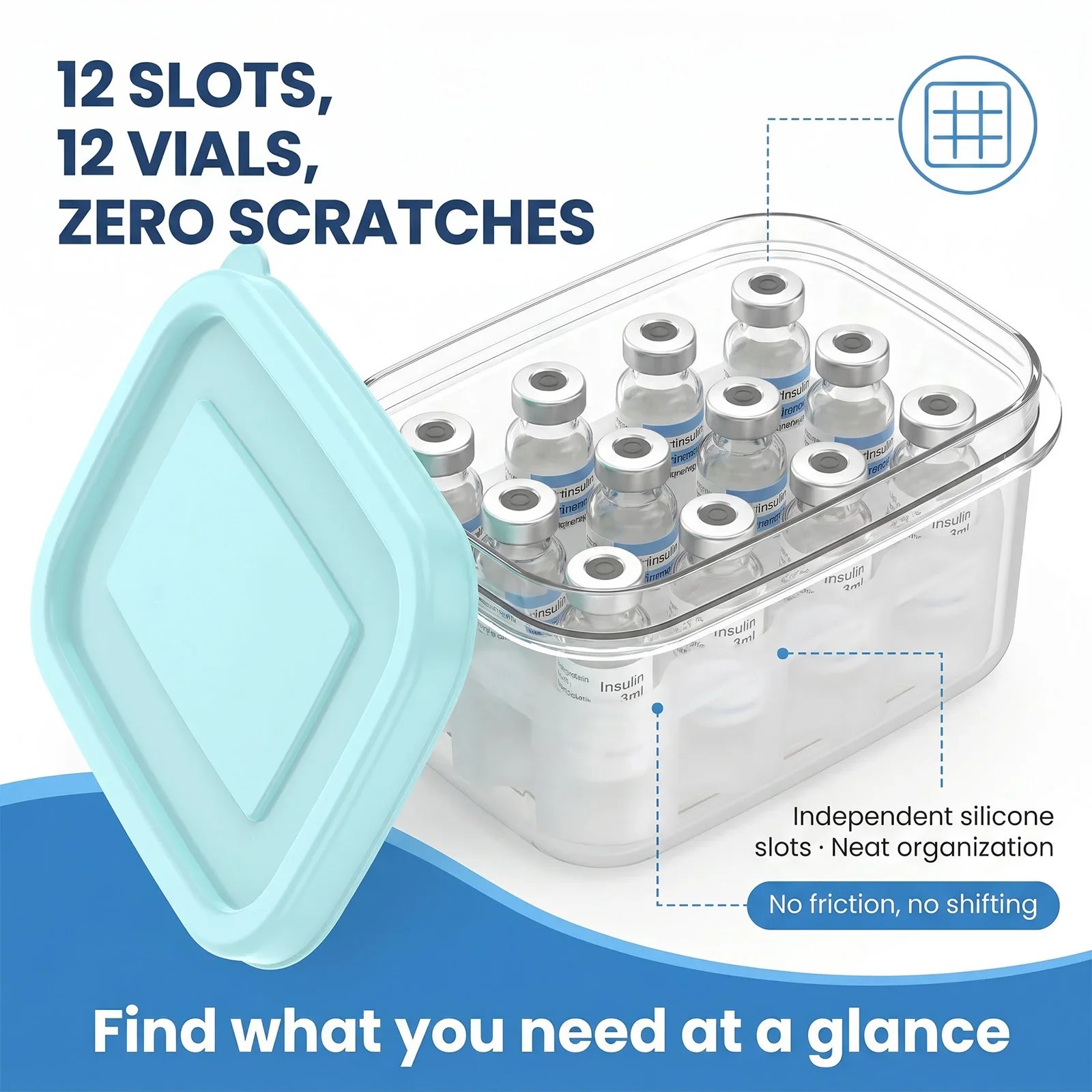 2Pcs Insulin Vial Storage Case for Fridge 9/12 Slot Portable Peptide Bottles Organizer Box Diabetic Travel Storage Accessory