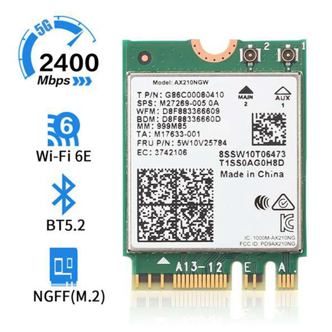 Wi-Fi 6E AX210 Wireless Card 2400Mbps Bluetooth 5.2 Desktop Kit 802.11Ax 2.4G/5Ghz/6Ghz AX210NGW,with 10DBi Antenna