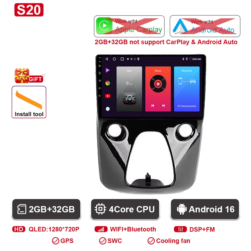 Autoradio Android navigatie GPS Android Auto stereo Carplay scherm No2 DIN DOM voor Toyota Aygo Peugeot 108 Citroen C1 2016-2020
