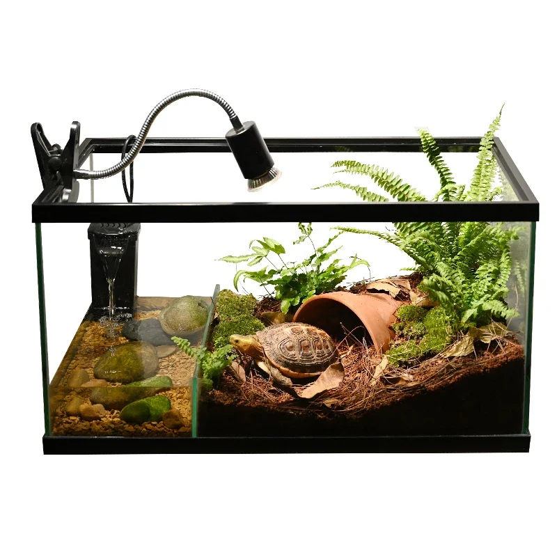 Turtle tank with sunbathing platform landscaping villa glass ecological landscaping water and land tank raising yellow edge semi