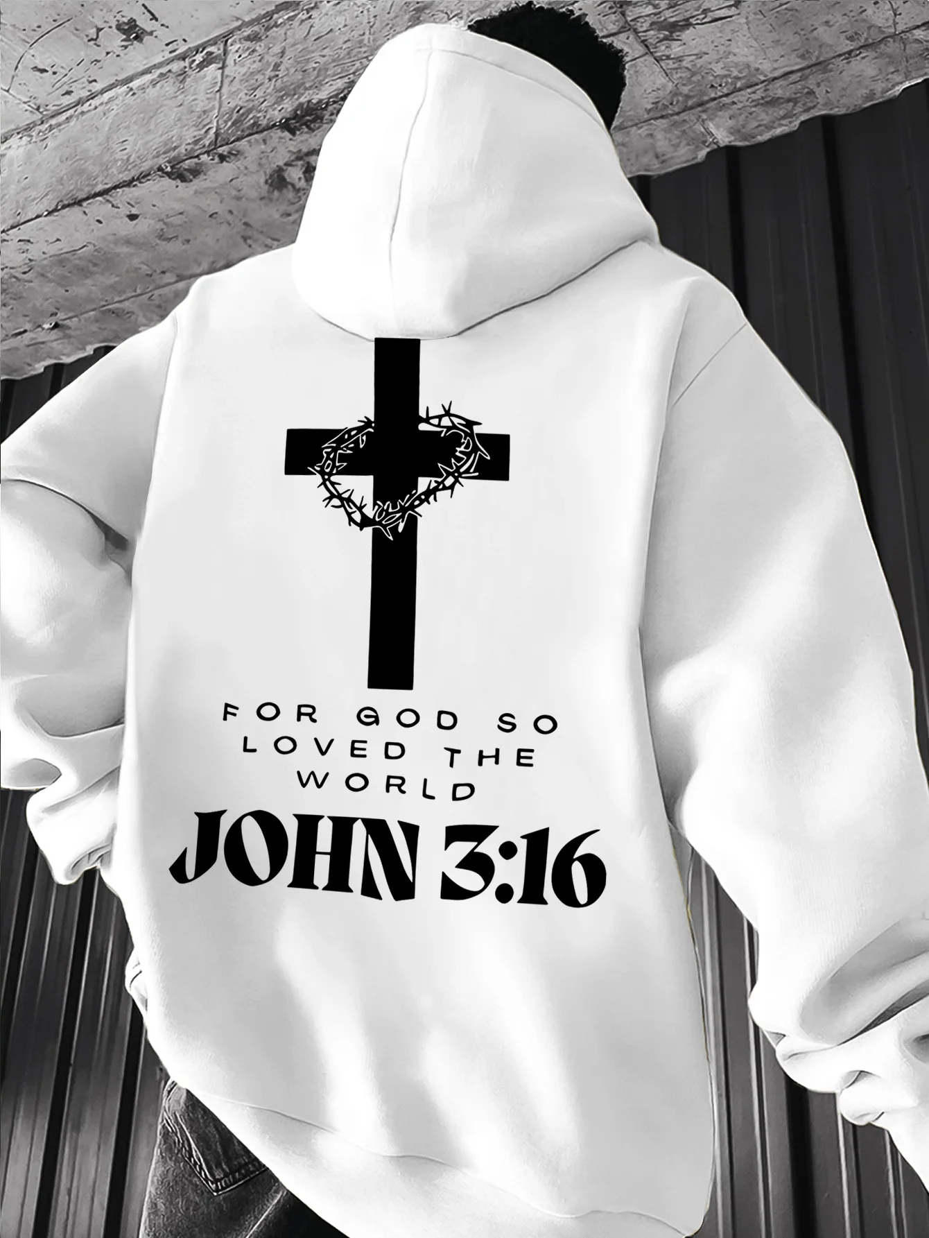 Übergroßer Christlicher Kreuz-Hoodie mit Aufschrift "Johannes 3:16" Herren Hip-Hop Sport Streetwear Lässiger Fleece-Pullover – Detail 3