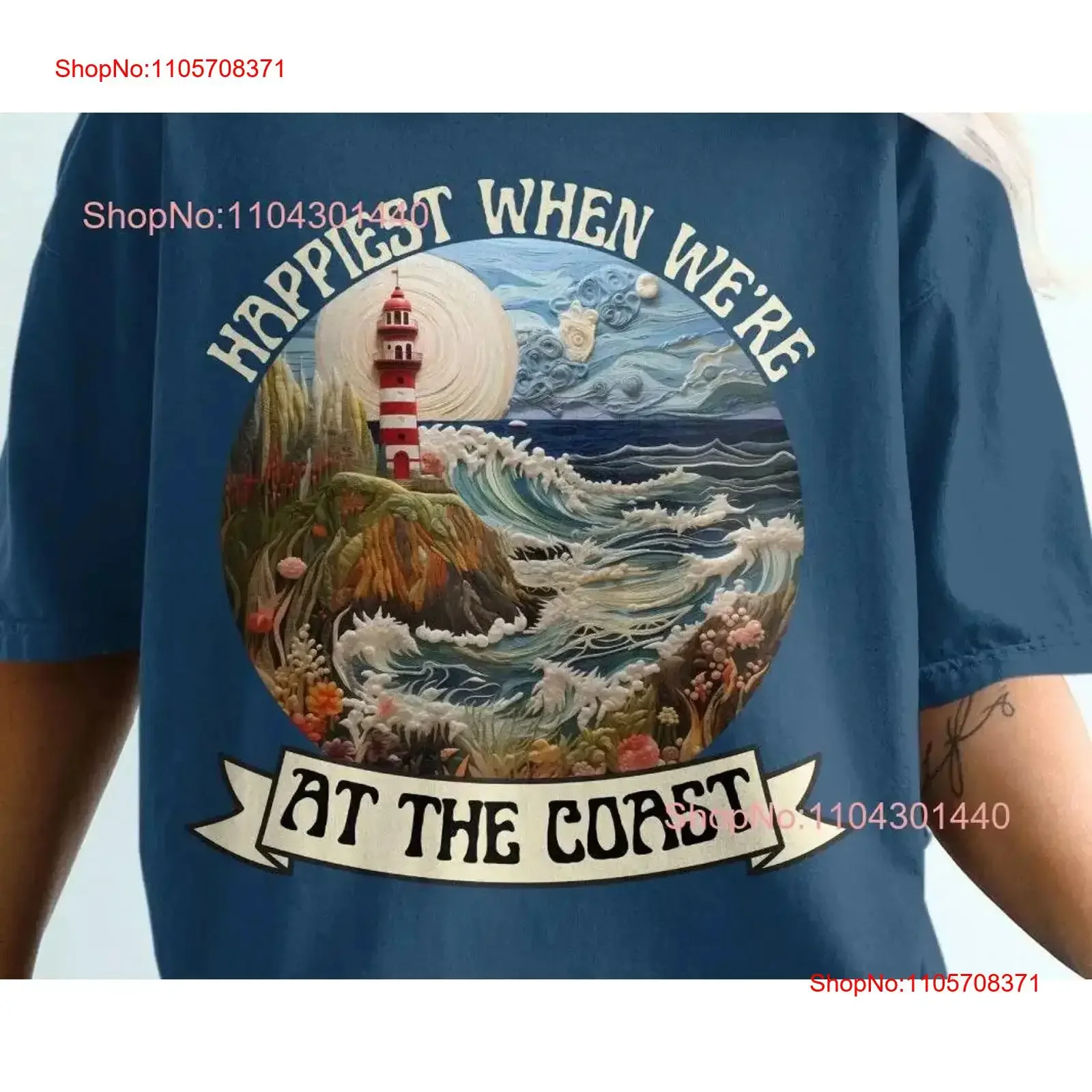 Happiest When We're At The Coast T Shirt Coastal Lighthouse and Waves Design Ocean Lovers Beach Vacation vintage Washed Unisex