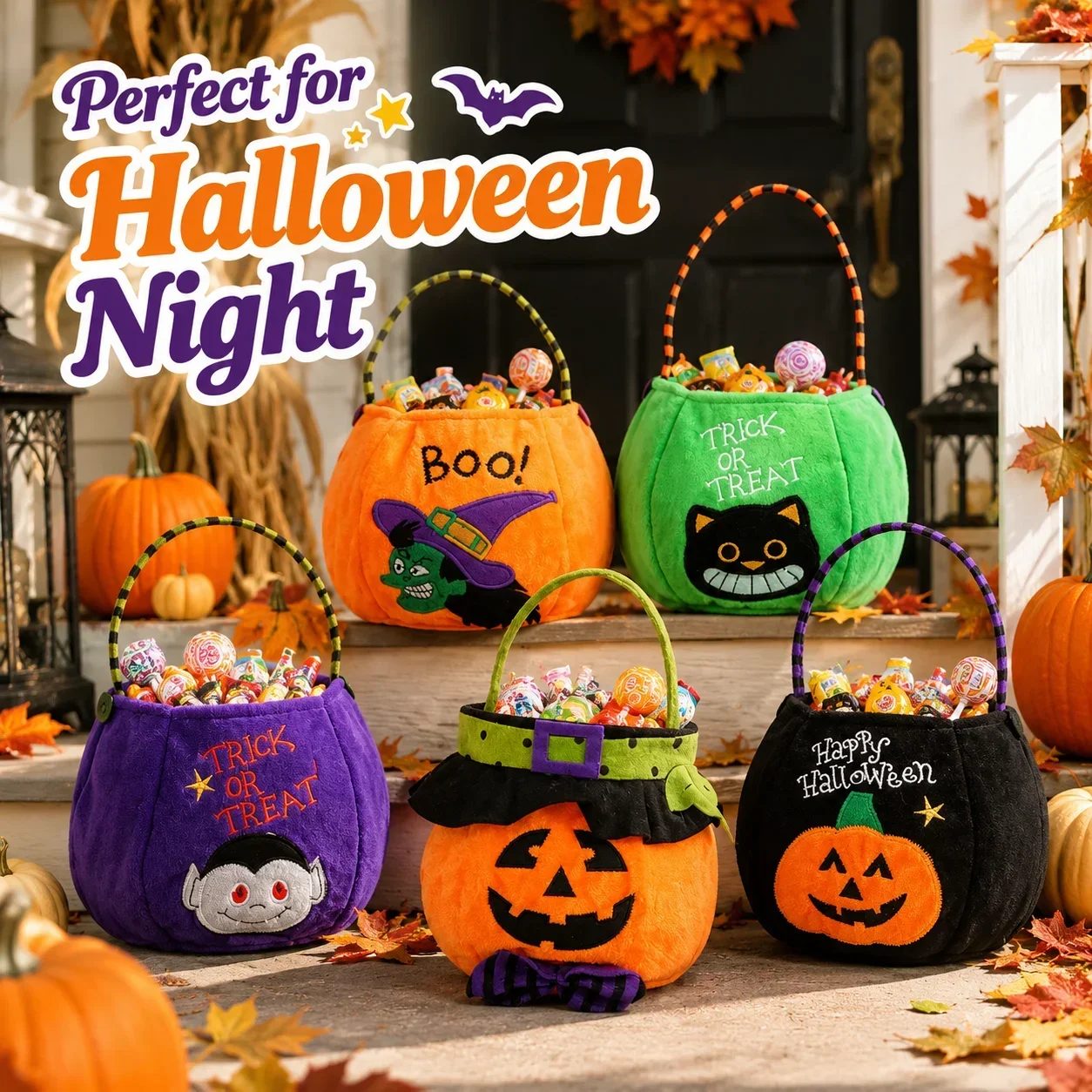 Spooky Holiday Storage Supply 1PC Plush Pumpkin Hand Tote Bag Embroidered Witch Cat Vampire Kids Trick Or Treat Goodie Bucket - view 2
