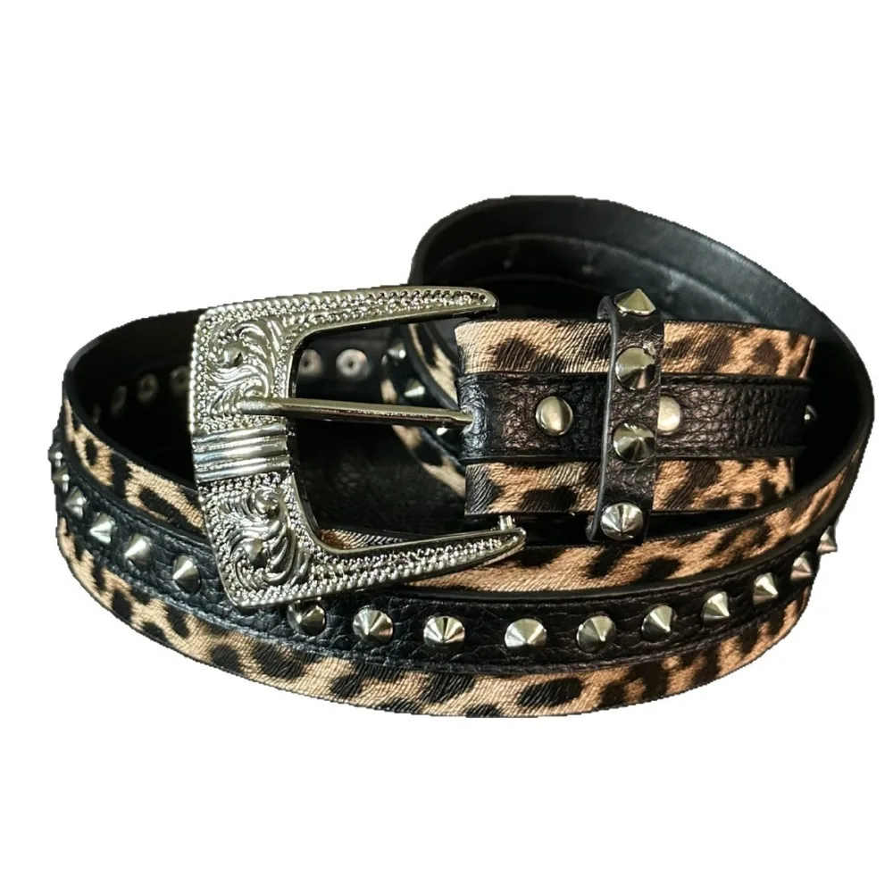 Fashionable Leopard Print Rivet Splice Belt for Women's PU Leather Skirt and Blouse with Versatile Style