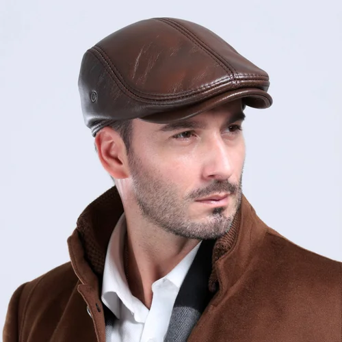 Imagen 2 del producto Gorro de cuero para actividades al aire libre para hombre, boinas de invierno, gorro cálido con protección para los oídos, 100% de cuero genuino, sombrero para papá, venta al por mayor, hueso de ocio