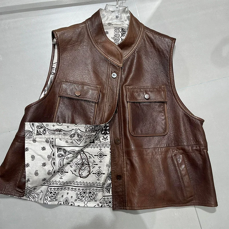 Neue Mode Frauen Natürliche Echte Schaffell Leder Weste Weibliche Echte Lammfell Weste Jacke Rundhals Streetwear