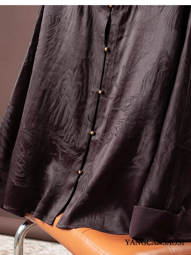 2025 Women's Fashion Spring New 45MM Heavy Satin 100% Natural Mulberry Silk Gambiered Guangdong Gauze New Chinese Loose Shirt