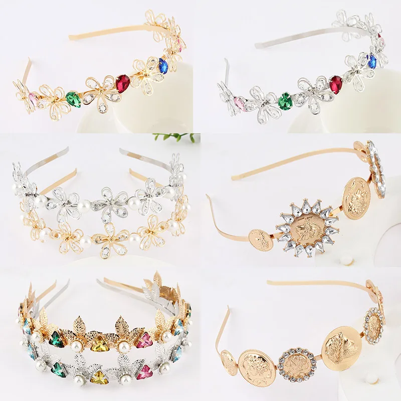 Gemstone Baroque Golden Headband Luxury Retro Colored Crystal Metal Portrait Head Wear Fashion Model Runway Headdress Hair Band