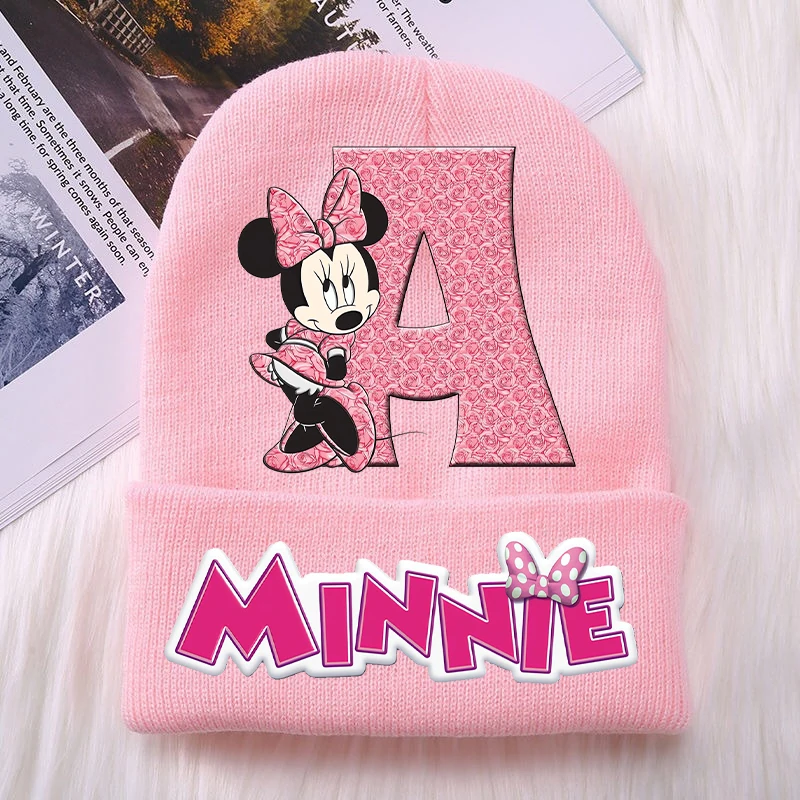 Minnie Mouse Kids Knitted Hats Baby Hats Kawaii Cartoon Letter A-Z Printed Beanie Children Casual Warm Hat Autumn Girl Clothing