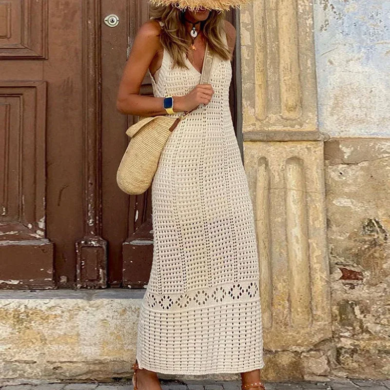 

Summer Elegant V-neck Knitted Long Dress Women Sexy Hollow Out Beach Dress 2024 Casual Sleeveless Solid Loose Cover-ups Dresses