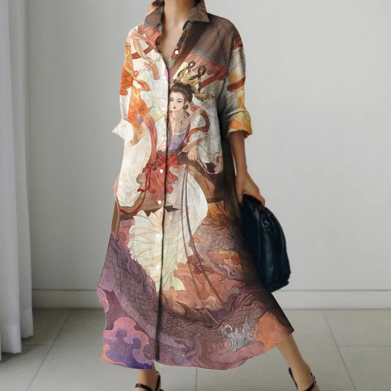 2024 New Japanese Portrait Print Autumn Long Sleeve Shirt Dress Street Fashion Single Breasted Long Skirt Loose And Comfortable