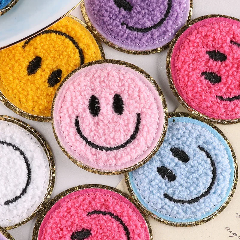 Smile Face Chenille Towel Embroidered Iron on Patches for Clothing Round Badges Girls Kids Bag Shoes DIY Appliques Accessories