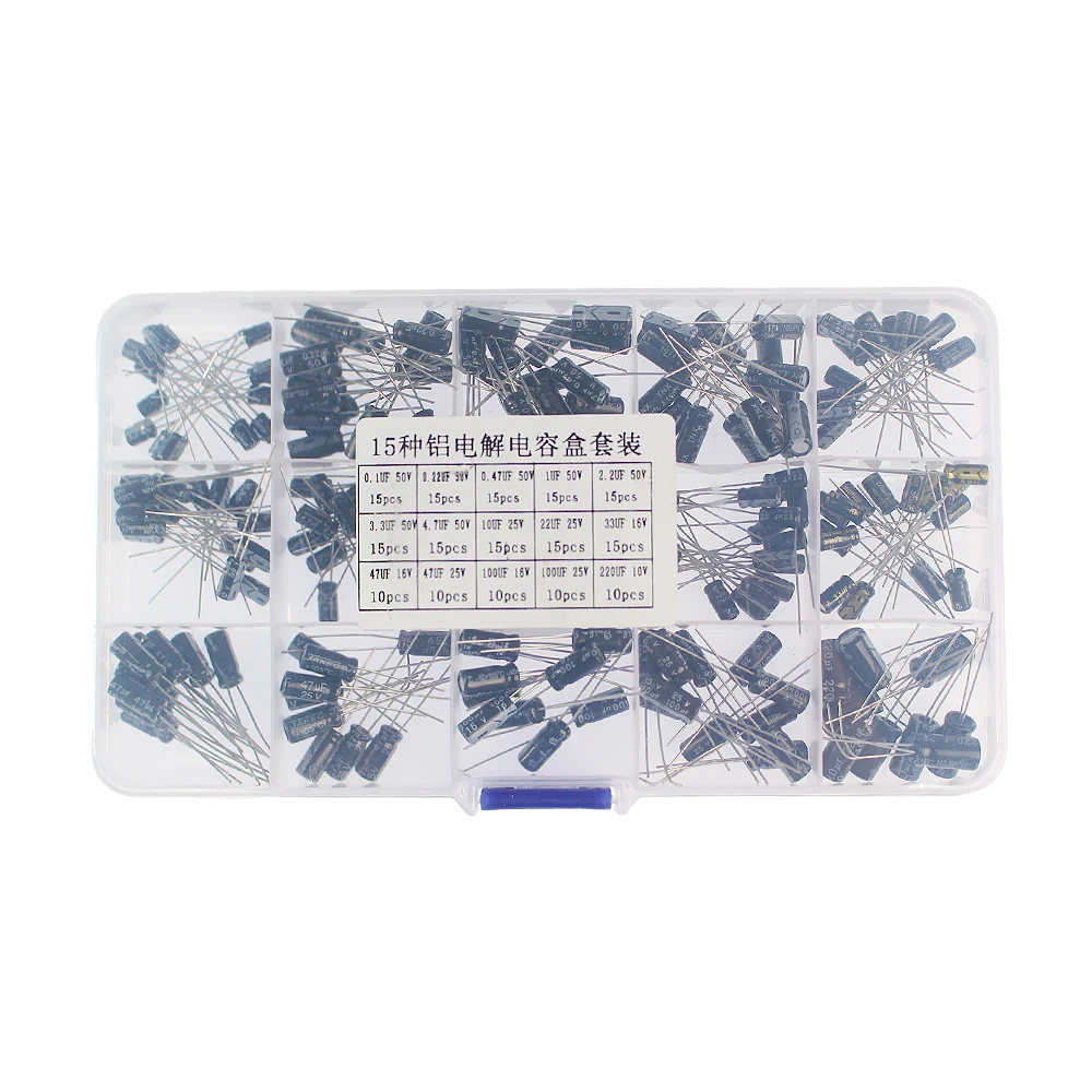 200pcs/box Aluminum Electrolytic Capacitor 0.1uF-220uF 15 Values Capacitors Kit 0.1UF 0.22UF 0.47UF 1UF 4.7UF 10UF 22UF