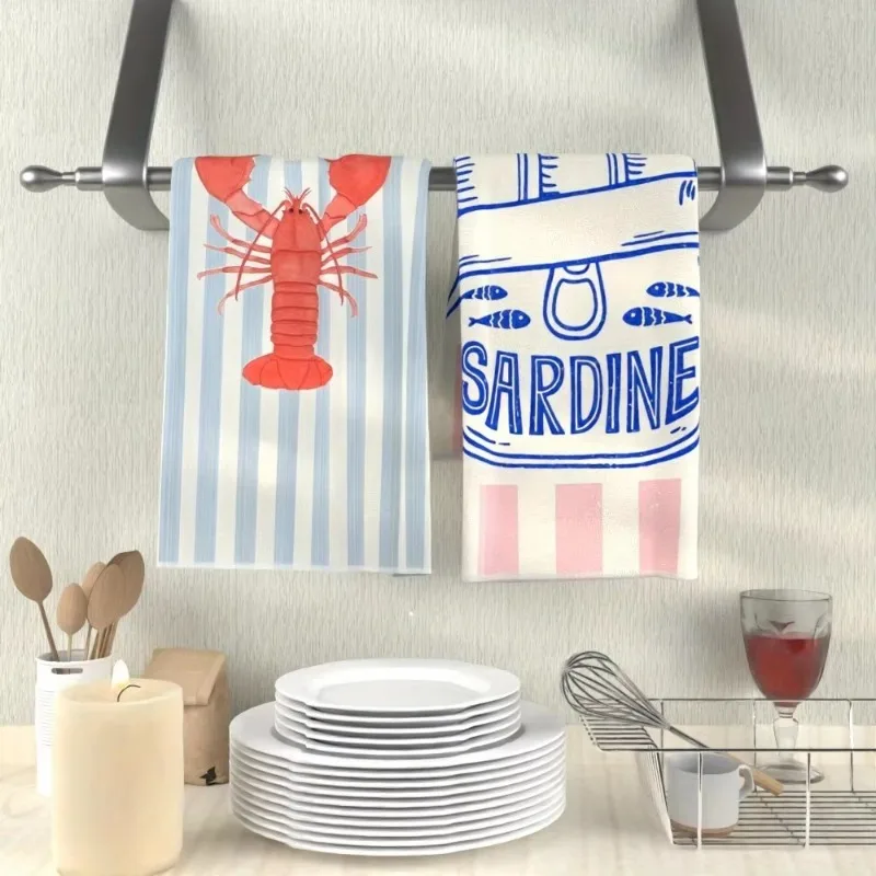 2-Pack of Randomly Assorted  Lobster and Sardine Cleaning Cloths Multifunctional Cleaning Rags Microfiber Printed Kitchen Towels