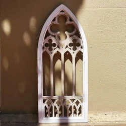 Gothic Cathedral Window Wall Decor, Vintage Wood Frame, 35.4 x 15 inches, Antique White