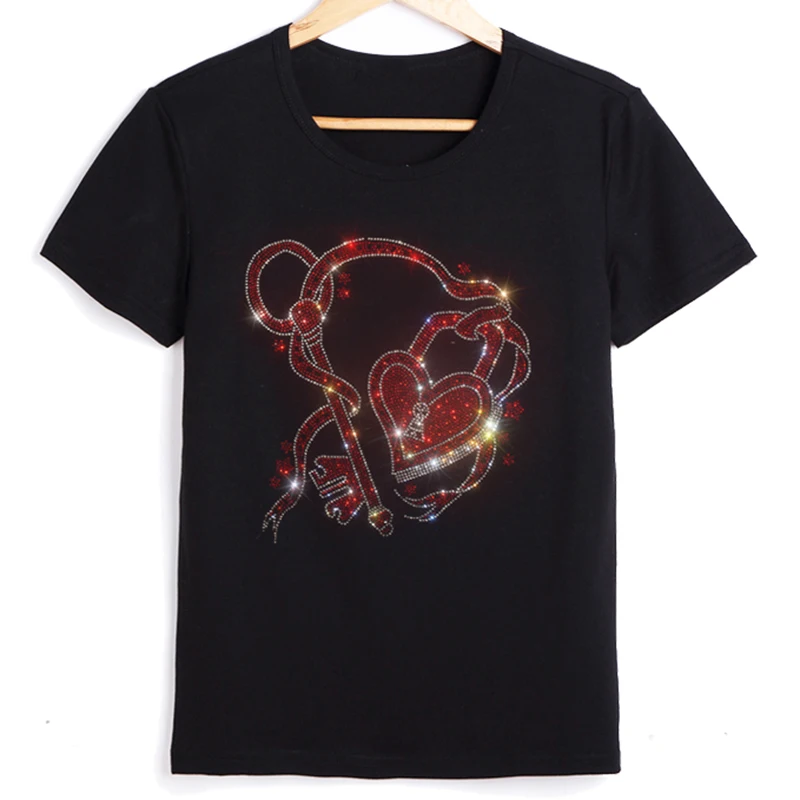 Love Style Sweet T shirts For Women Fashion Woman Blouses 2022 Diamond Female Black Clothes Tops Short Sleeve Tee