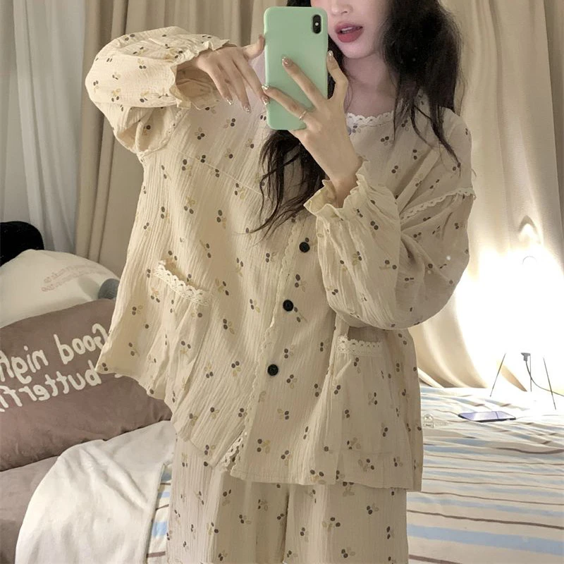 Cherry Sleepwear Button Women Pajamas Set Autumn Piiama Korean Ruffles Long Sleeve Sets 2 Pieces Night Wears Lace Home Wear New