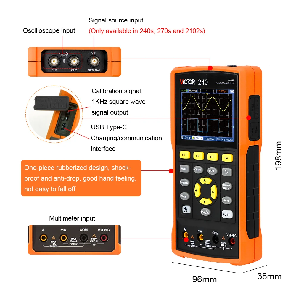 Victor 240 Oscilloscope Multimeter Waveform Generator 3-in-1 2CH 70MHz Bandwidth 20000 Counts LCD Handheld Digital Scope Meter