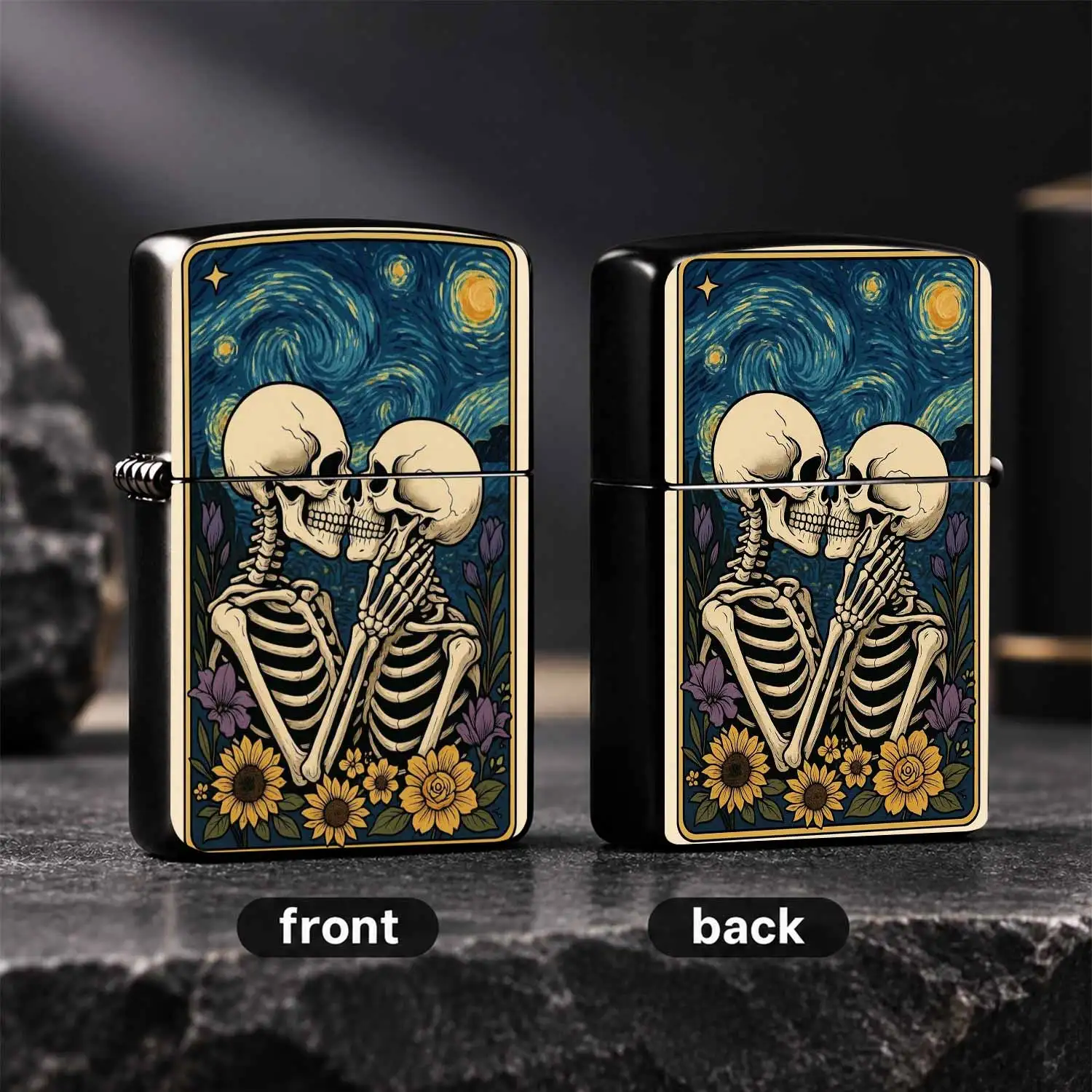 Vintage Starry Night Skeleton Lovers Themed Lighter, Van Gogh Style Romantic Swirling Starry Sky Backdrop, Decorated With Sunflowers And Purple Blooms, Portable Multi-Scene Usable, Exquisite Unique Romantic Gift For Partner And Friends, Aes