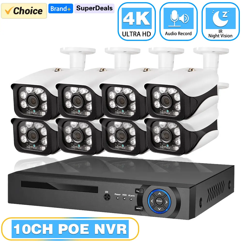 

HKIXDISTE 4K POE Security Camera System Audio Record 8MP 10CH CCTV NVR H.265 P2P AI Video Outdoor IP Camera Surveillance Set